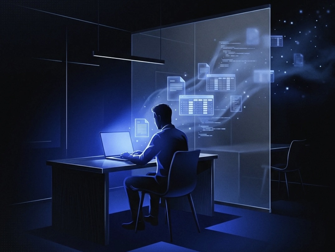 An employee working late at a laptop while documents and spreadsheets drift out of the screen