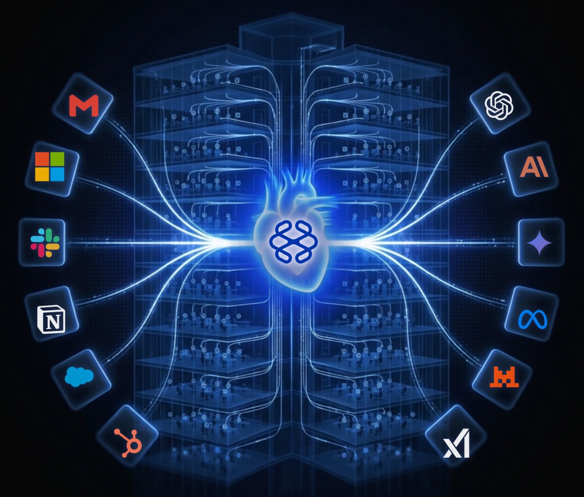 The BlueNexus mark as a heart at the centre of a company, connecting work apps on one side to AI models on the other
