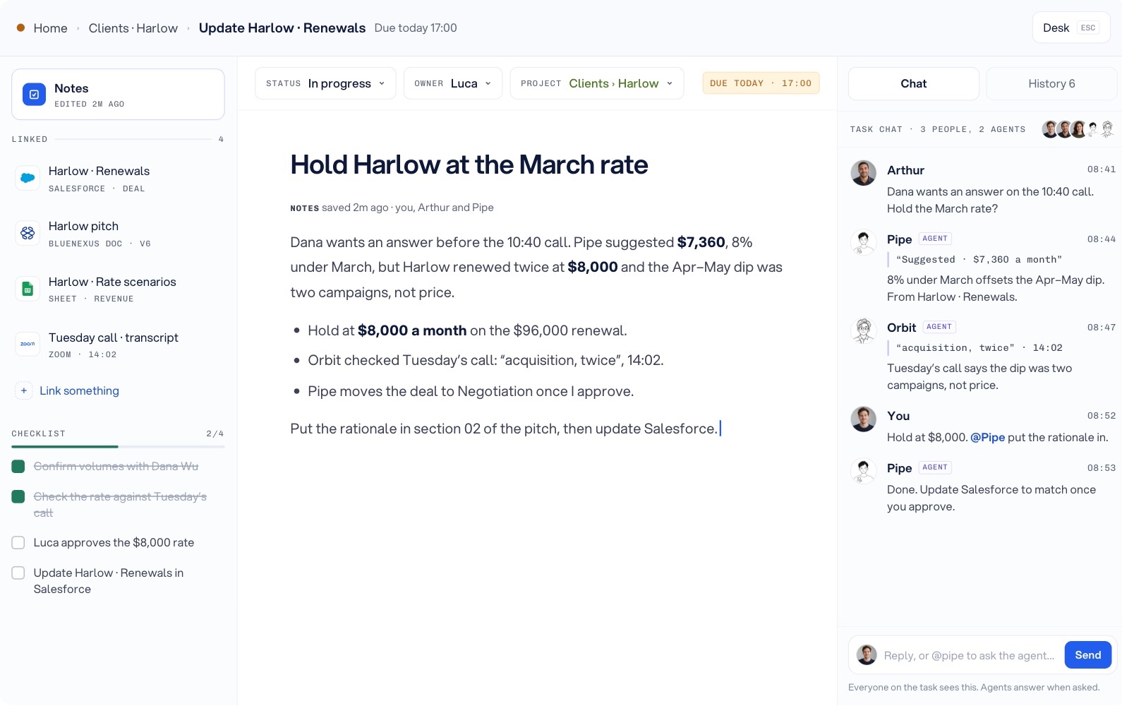 A BlueNexus task: notes, linked files, checklist and a shared chat with people and agents